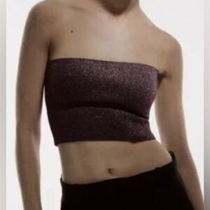 Zara Women’s Metallic Purple Glitter Knit Tube Top Strapless crop L Large Party